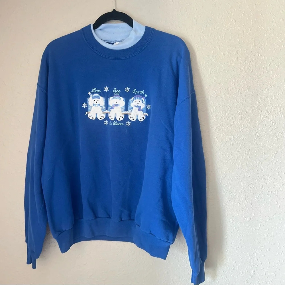 Vintage- Blue - Womens Crew neck, speak, hear, see no evil holiday cozy crewneck